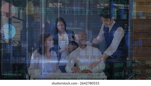 Collaborating team meeting around wheelchair user at modern office desk, with stock market graphics. Diverse, innovation, teamwork, productivity, corporate, professional, modern - Powered by Shutterstock - Get 15% off with code: PIKWIZARD15