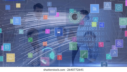 Collaborating team presenting holographic data in office with floating icons, globe and tablet. Futuristic, innovation, digital, teamwork, clean, modern, analytics - Powered by Shutterstock - Get 15% off with code: PIKWIZARD15
