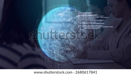 Collaborating team in suits analyzing holographic globe at meeting room with laptops and coffee mug. Technology, innovation, teamwork, futuristic, digital, corporate, data visualization