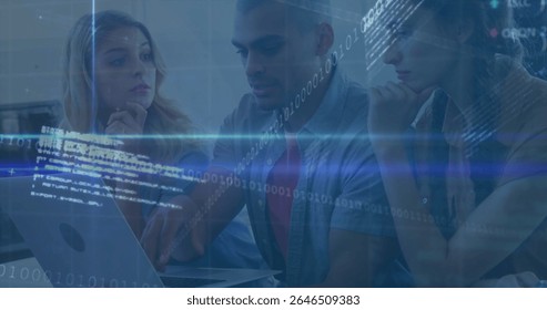 Collaborating tech team pointing and typing on laptop at office desk, with binary code overlay. Technology, teamwork, innovation, digital, interface, modern, professional - Powered by Shutterstock - Get 15% off with code: PIKWIZARD15