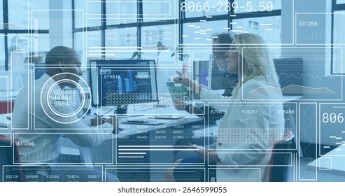 Collaborating three professionals analyzing data charts in office meeting area, with dual monitors. Business, teamwork, innovation, technology, corporate, workspace, analytics
