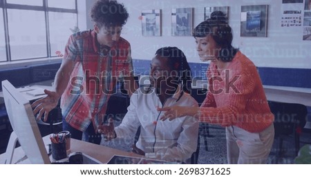 Collaborating three software engineers typing code on monitor in modern workspace, with coffee mug. Collaboration, teamwork, innovation, modernoffice, technology, startup, diversity
