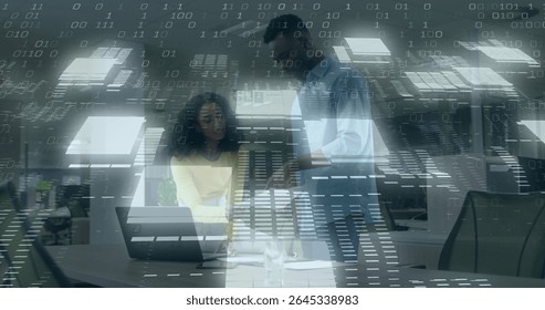 Collaborating woman in yellow top and man reviewing documents and laptop at office, binary overlay. Technology, teamwork, innovation, modern, communication, office, productivity