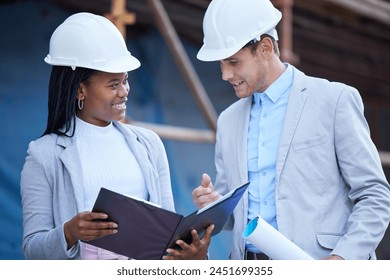 Collaboration, construction and documents with engineer people outdoor on building site together. Architecture, diversity or teamwork with man and woman reading blueprint for project management