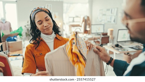 Collaboration, creative and decision with fashion designer people in textile workshop for distribution or shipping. Delivery, outfit or wardrobe with man and woman style team in office for production - Powered by Shutterstock