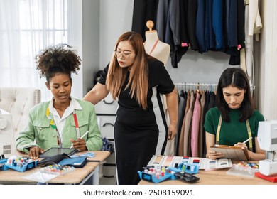 Collaboration and creativity in fashion design of teamwork, three diverse and talented designer collaborating on fabric swatches and design choices, creative studio, textile industry, fabric selection - Powered by Shutterstock