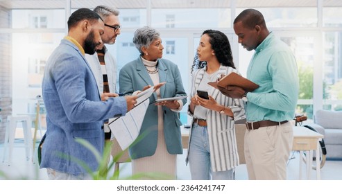 Collaboration discussion, tablet and business people, leader or team work on meeting report, results or project feedback. Cooperation, teamwork or office staff review research, design or startup plan - Powered by Shutterstock