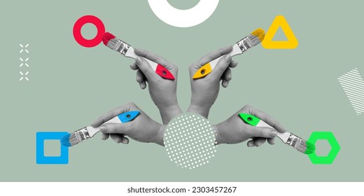 Collaboration, diversity of the inner world, art and harmony. Four hands with brushes draw a circle, a square, a triangle and a hexagon in different colors. Minimalistic art collage - Powered by Shutterstock