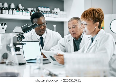 Collaboration, doctor or scientist with tablet in science lab for DNA research, medical or medicine data analysis. Happy, health teamwork or nurse for healthcare, cancer innovation or virus study - Powered by Shutterstock