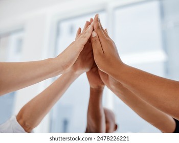 Collaboration, group diversity and business people with high five for support, integration and team success in office. Staff synergy, touching hands and solidarity for achievement, teamwork and trust - Powered by Shutterstock