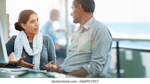 Collaboration, help or planning with employee and mentor in office together for discussion. Business, computer or teamwork with manager and person training in workplace for learning or support - Powered by Shutterstock