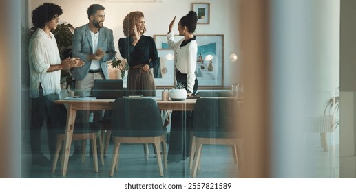 Collaboration, high five and success with business people in office together for thank you or well done. Applause, meeting or smile with team of men and women clapping in workplace for support - Powered by Shutterstock