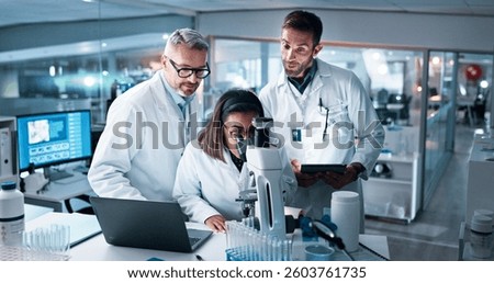 Collaboration, microscope and science with people in lab together for breakthrough or development. Laptop, sample and tablet with medical research team in clinical trial for dna analysis or results