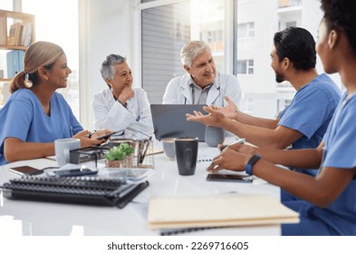 Collaboration, planning or nurses in meeting for a strategy or working in hospital for healthcare together. Team, medical research or senior doctors talking, speaking or helping innovation or ideas - Powered by Shutterstock