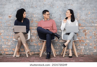 Collaboration or startup recruitment people for digital agency job interview, business meeting or hiring team. Teamwork, thinking or happy employee for cyber security, tech and social media SEO work