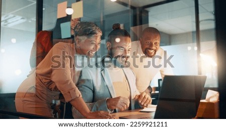 Collaboration, success and a business team cheering together in their office while working on a laptop. Computer, teamwork and celebration with a man and woman employee group saying yes or wow