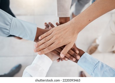 Collaboration, Team Building And Diversity Stack Hands Together For Support, Career Motivation And Company Goal. Corporate Community And Professional Group Hand Sign For Solidarity Mission Above