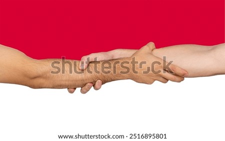 Collaboration and unity in Monaco, two arms with Monaco flag, society help and support concept, diversity or protest, solidarity and cooperation