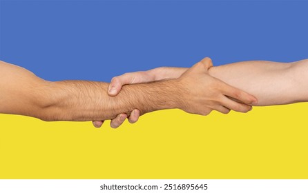 Collaboration and unity in Ukraine, diversity or protest, two arms with Ukraine flag, society help and support concept, solidarity and cooperation - Powered by Shutterstock