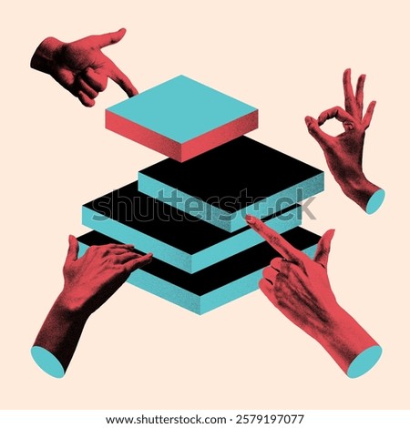 Collaborative abstract design with multiple hands assembling geometric layers. Cover-style artwork in photocopy effect. Concept of teamwork, coordination, and problem-solving in business. Art collage