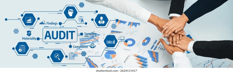 Collaborative Audit Session with Hands Close Together Over Financial Reports and Graphs Representing Compliance, Materiality, and Samples in Modern Office Setting. Amity