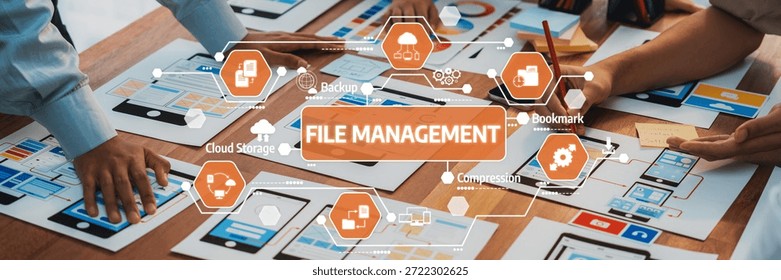 Collaborative File Management Solutions with Visual Aids and Modern Technology on a Wooden Desk. Amity