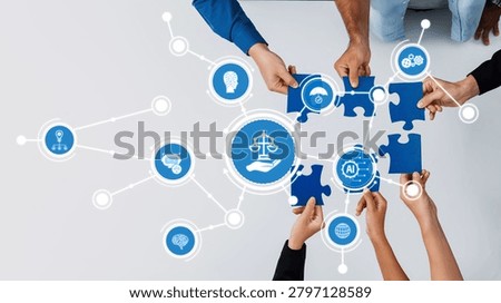 Collaborative Hands Assembling Puzzle Pieces Representing Ethics and Artificial Intelligence in Business, Technology, and Social Responsibility. Amity