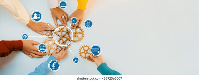 Collaborative Hands Engaging with Gears Symbolizing Teamwork, Innovation, and Technology Integration in a Modern Workspace Setting. Amity