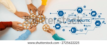 Collaborative Hands Working Together on Gears with Data Analytic Icons Representing Technology and Innovation in Business and Industry. Amity
