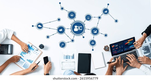 Collaborative Marketing Strategy Session with Data Visualization and Analysis Tools Illustrated by Diverse Hands Engaging with Digital Technology. Amity