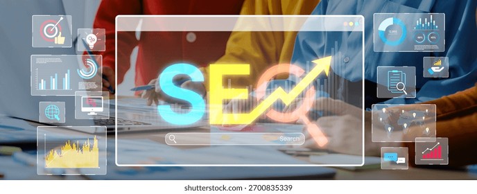 A collaborative office scene showcasing a focus on SEO growth with data analysis tools, supporting effective digital marketing strategies for enhanced online presence. Trope