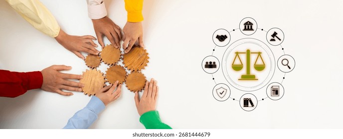 A collaborative scene showcasing diverse hands working together on wooden gears, symbolizing unity, justice, and teamwork in legal and community settings. Trope