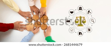 A collaborative scene showcasing diverse hands working together on wooden gears, symbolizing unity, justice, and teamwork in legal and community settings. Trope
