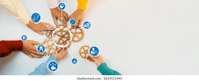 Collaborative teamwork with diverse hands engaged in business strategy, innovation, and problem-solving around interlocking gears and icons representing various ideas.. Amity - Powered by Shutterstock - Get 15% off with code: PIKWIZARD15