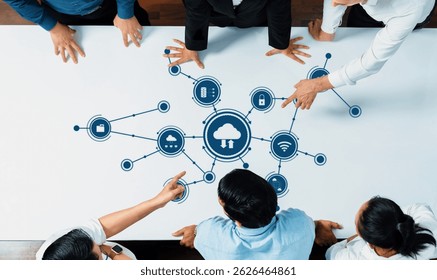Collaborative Technology Discussion on Computing and Cloud Solutions with Diverse Professionals Analyzing Data and Connectivity Concepts in Modern Business Environment. Amity