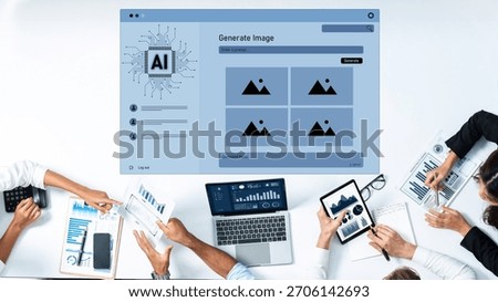 A collaborative workspace features diverse professionals engaged in the AI image generation process, utilizing various devices and visual data to enhance project development. Trope