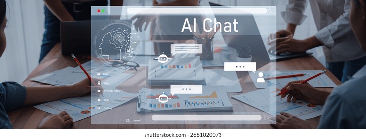 A collaborative workspace featuring an AI chat interface displayed on a screen, emphasizing teamwork and communication during a dynamic business meeting. Trope