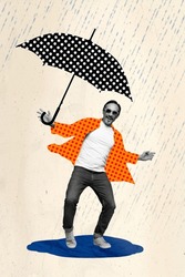 Collage 3d Image Of Pinup Pop Retro Sketch Of Cool Excited Mature Senior Guy Walking Enjoying Rainy Weather Isolated Painting Background
