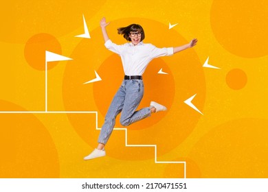 Collage 3d image of pinup pop retro sketch image of carefree woman winning race achieve goal isolated orange painting background