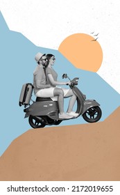 Collage 3d image pinup pop retro sketch image couple riding moped rock hike isolated drawing background