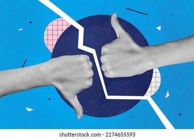 Collage 3d image of pinup pop retro sketch image of arm showing thumb up another thumb down isolated blue painting background