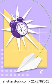 Collage 3d Image Of Pinup Pop Retro Sketch Of Ringing Clock Flying Paper Plane Isolated Painting Background