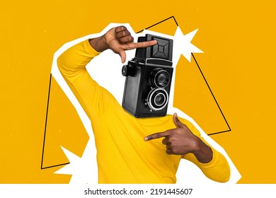 Collage 3d image of pinup pop retro sketch of funny guy old camera instead of head showing shot gesture isolated painting background - Shutterstock ID 2191445607