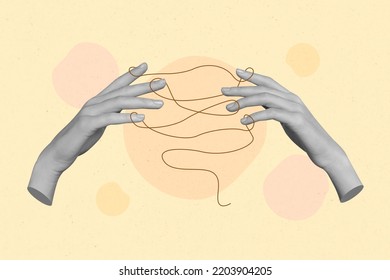 Collage 3d imagen del boceto retro pinup pop de las manos sosteniendo la cuerda de hilo enredado coser artesanía dedos de lazo rompecabezas solución pintura fondo