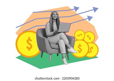 Collage 3d Image Of Pinup Pop Retro Sketch Of Successful Retired Mature Woman Sit Armchair Enjoy Profitable Rich Retirement Abundance