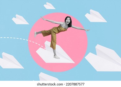 Collage 3d Image Of Pinup Pop Retro Sketch Of Funny Funky Woman Keep Balance Flying Paper Plane Businesswoman Brainstorming Generate Ideas