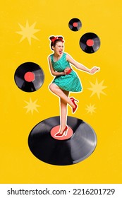 Collage 3d image of pinup pop retro sketch of smiling happy lady dancing turntable plate isolated painting background