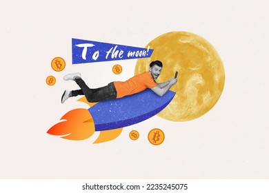 Collage 3d image of pinup pop retro sketch of funny smiling guy riding rocket earning money isolated painting background