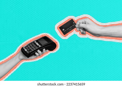 Collage 3d image of pinup pop retro sketch of hands holding credit card paying terminal black friday cashless sales discount pop sketch