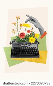 Collage 3d imagen del retro pinup pop boceto de brazo escritura máquina antigua de mecanografía cultivo de flores fondo de pintura aislado
